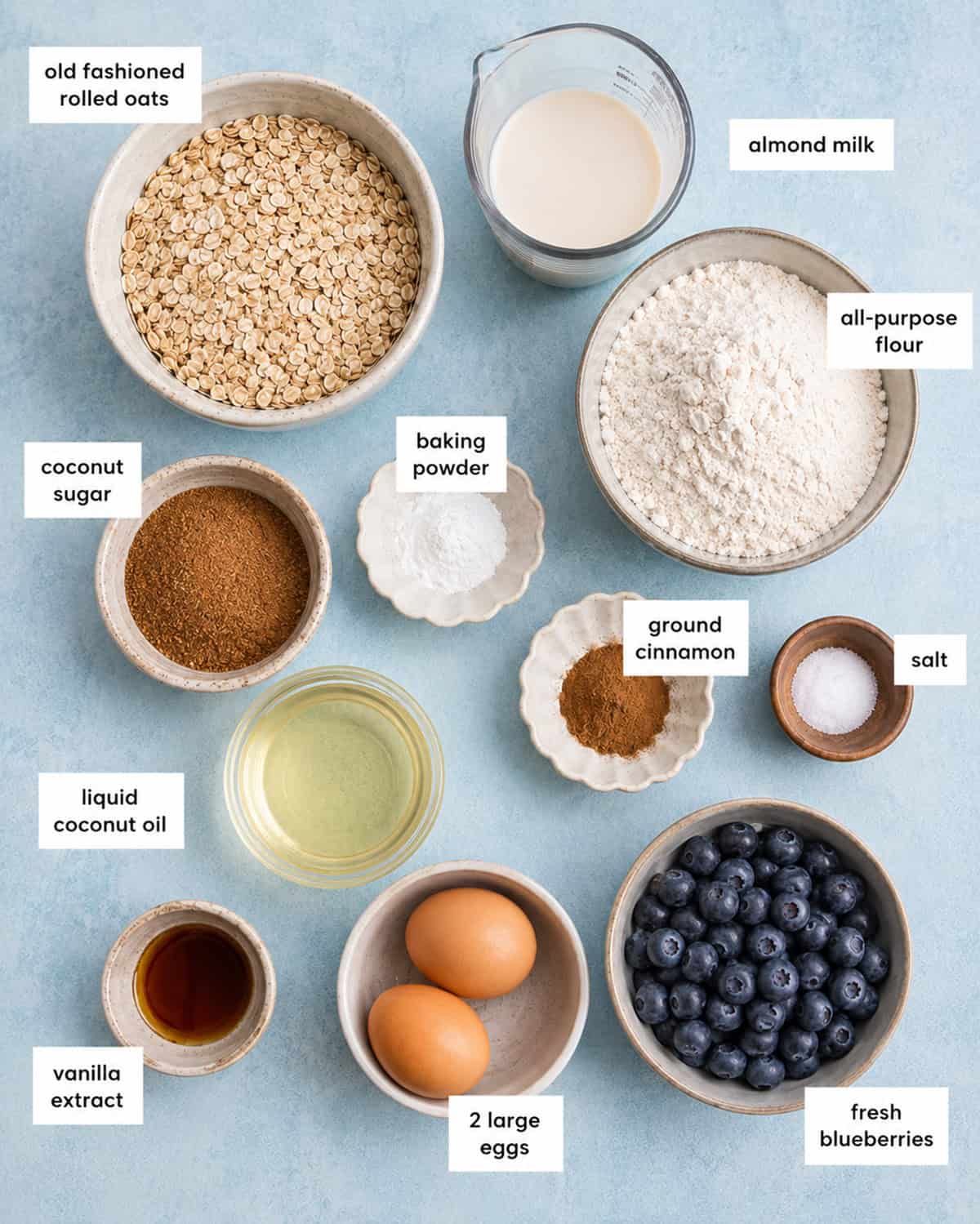 Overhead view of labeled bowls of ingredients for an oatmeal muffin recipe.
