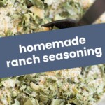 Close-up of a jar filled with homemade ranch seasoning mix, featuring dried herbs and spices, with a small spoon inside. Text overlay reads “homemade ranch seasoning.”.