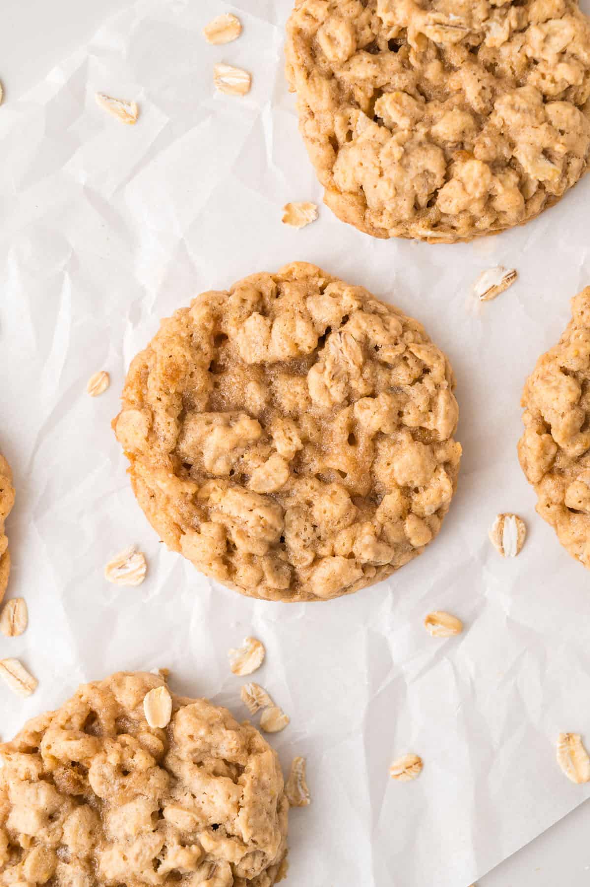 Five oatmeal cookies on parchment paper with scattered oats.