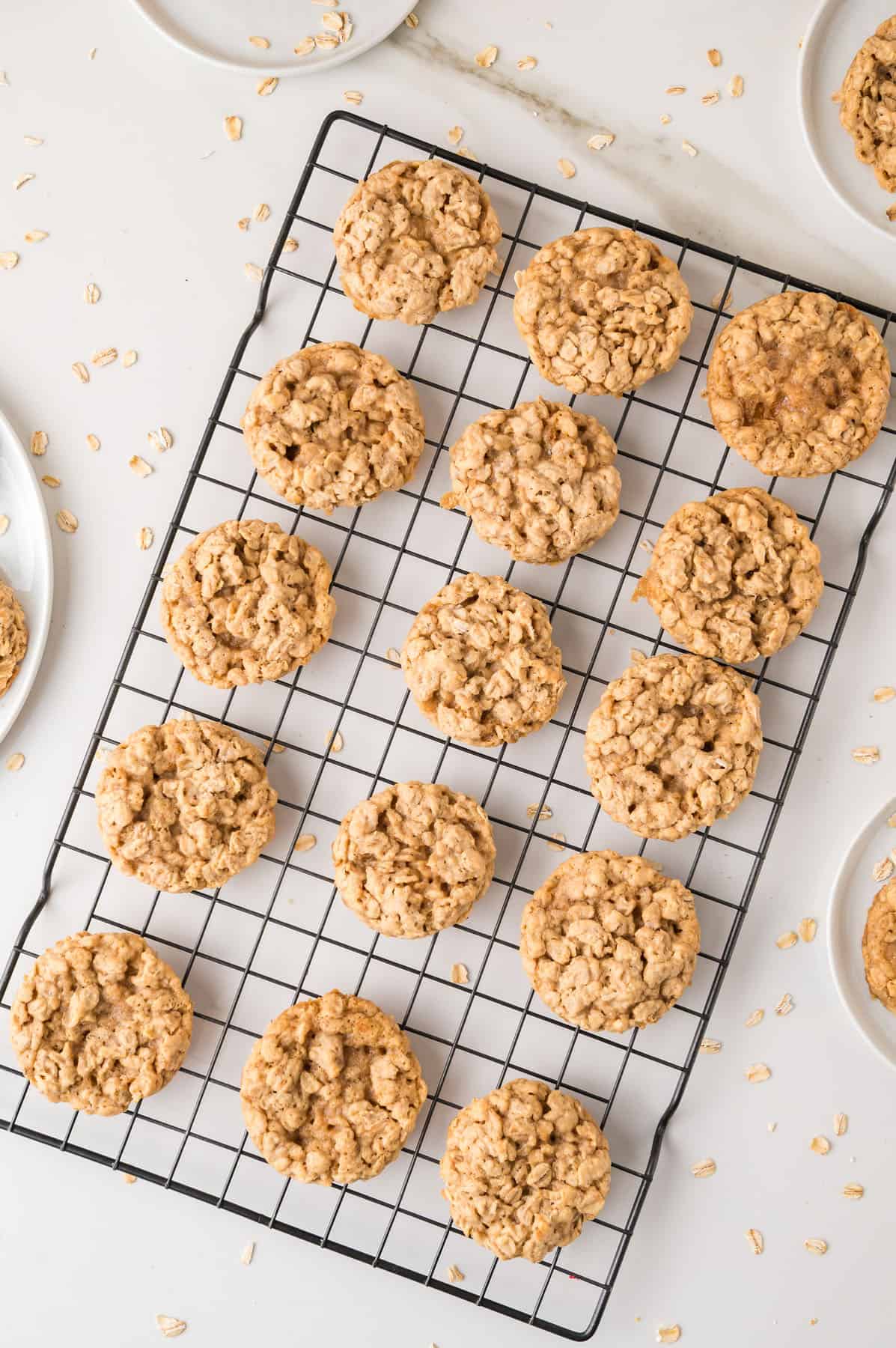 Oatmeal cookies cooling on a black wire rack, with a few cookies and oats scattered on white plates and the white surface around them.