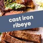 A cooked cast iron ribeye steak is shown with herb butter and sliced pieces, garnished with herbs, on a white surface.