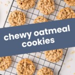 A cooling rack with chewy oatmeal cookies arranged on top, some oats scattered nearby. A label reads "chewy oatmeal cookies" and "joyfullymad.com" at the bottom.