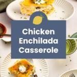 A slice of chicken enchilada casserole topped with sour cream and herbs is served on a white plate with a fork; more casserole pieces are visible in the background.