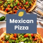 A Mexican pizza topped with ground beef, lettuce, cherry tomatoes, jalapeños, and sour cream, sliced and served on a wooden board.