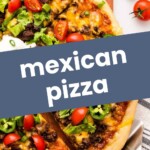 A sliced pizza topped with ground meat, lettuce, tomato, green onions, and jalapeños on a wooden board, labeled "mexican pizza.