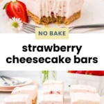 Close-up of no-bake strawberry cheesecake bars on plates and a tray, topped with strawberries and garnished with flowers.