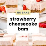 No-bake strawberry cheesecake bars on plates, topped with fresh strawberries, displayed with whole strawberries and flowers.