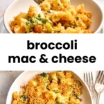 A bowl of broccoli mac and cheese topped with breadcrumbs, with a fork holding a bite above the bowl.