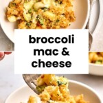Two plates of broccoli mac and cheese with breadcrumbs, one with a forkful held above. Text reads "broccoli mac & cheese" and "joyfullymad.com.