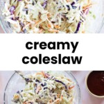 Two bowls of creamy coleslaw with shredded cabbage, carrots, and purple cabbage, next to a lemon slice and a bowl of dark sauce.