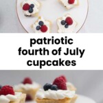 Five square cupcakes with white frosting, topped with blueberries and raspberries, arranged on a white plate. Text overlay reads "patriotic fourth of July cupcakes.