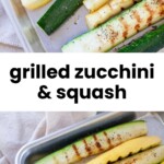 Grilled zucchini and yellow squash arranged on a metal baking tray, seasoned with pepper and grill marks visible.