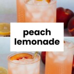 Two glasses of iced peach lemonade with gold straws, garnished with peach slices. Lemons, peaches, and a website name appear in the background.