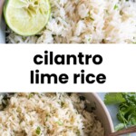 A bowl of cilantro lime rice garnished with lime wedges, with a spoon resting in the rice and fresh cilantro visible nearby.