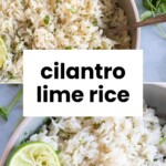 A bowl of cilantro lime rice garnished with chopped cilantro and a halved lime, with a spoon and cilantro sprigs nearby.