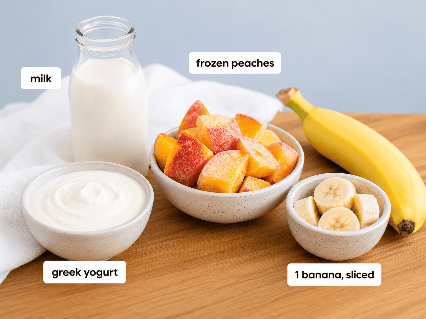 A bottle of milk, a bowl of Greek yogurt, a bowl of frozen peach slices, and a bowl of sliced banana are arranged on a wooden surface. Each item is labeled.