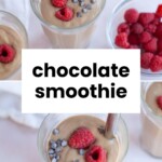Chocolate smoothie in a glass, topped with raspberries and chocolate chips, with a bowl of raspberries nearby.