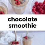 Two glasses of chocolate smoothie topped with raspberries and chocolate chips, next to a bowl of fresh raspberries on a light surface.