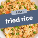 A bowl of fried rice with peas, carrots, and egg, topped with a graphic label reading "Easy fried rice" and the URL joyfullymad.com at the bottom.