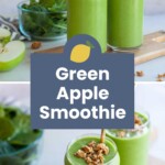 Two glasses of green apple smoothie with metal straws, surrounded by fresh spinach, green apple slices, and granola on a wooden board.