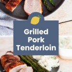 A plate with sliced grilled pork tenderloin, roasted asparagus, and a serving of rice on a light wooden surface.