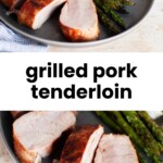 Sliced grilled pork tenderloin served with roasted asparagus and a side of mashed potatoes on a gray plate.