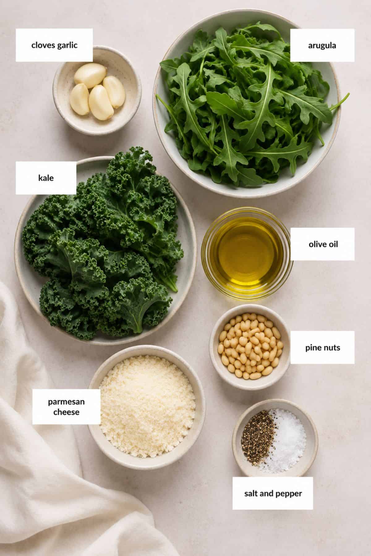 Bowls of arugula, kale, olive oil, pine nuts, parmesan cheese, salt, pepper, and garlic cloves arranged on a light surface—perfect ingredients for a fresh homemade kale pesto recipe.