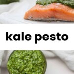 Raw salmon fillets topped with green kale pesto sit on a white surface; a small bowl of kale pesto is shown below.