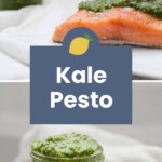 Filet of salmon topped with green kale pesto on a plate; below, a glass jar filled with kale pesto sits on a white surface.
