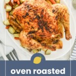 Oven roasted whole chicken on a white platter, surrounded by roasted potatoes and carrots, displayed on a marble surface.