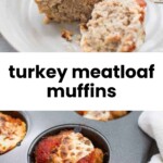 A plate with a halved turkey meatloaf muffin, and a muffin tin with more turkey meatloaf muffins topped with sauce and cheese.