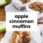 Apple cinnamon muffins in white wrappers, one partially eaten with a fork, displayed with green apple slices on a wooden surface.