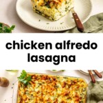A slice of chicken alfredo lasagna is served on a plate with a fork, above a full baking dish of lasagna garnished with parsley.