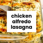 A baked chicken Alfredo lasagna in a glass dish, with one slice being served, topped with melted cheese and herbs.