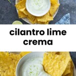 A bowl of cilantro lime crema surrounded by tortilla chips on a plate, with cilantro and a lime nearby.