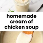 A jar and a pot of homemade cream of chicken soup, garnished with black pepper, with a wooden spoon lifting some soup.