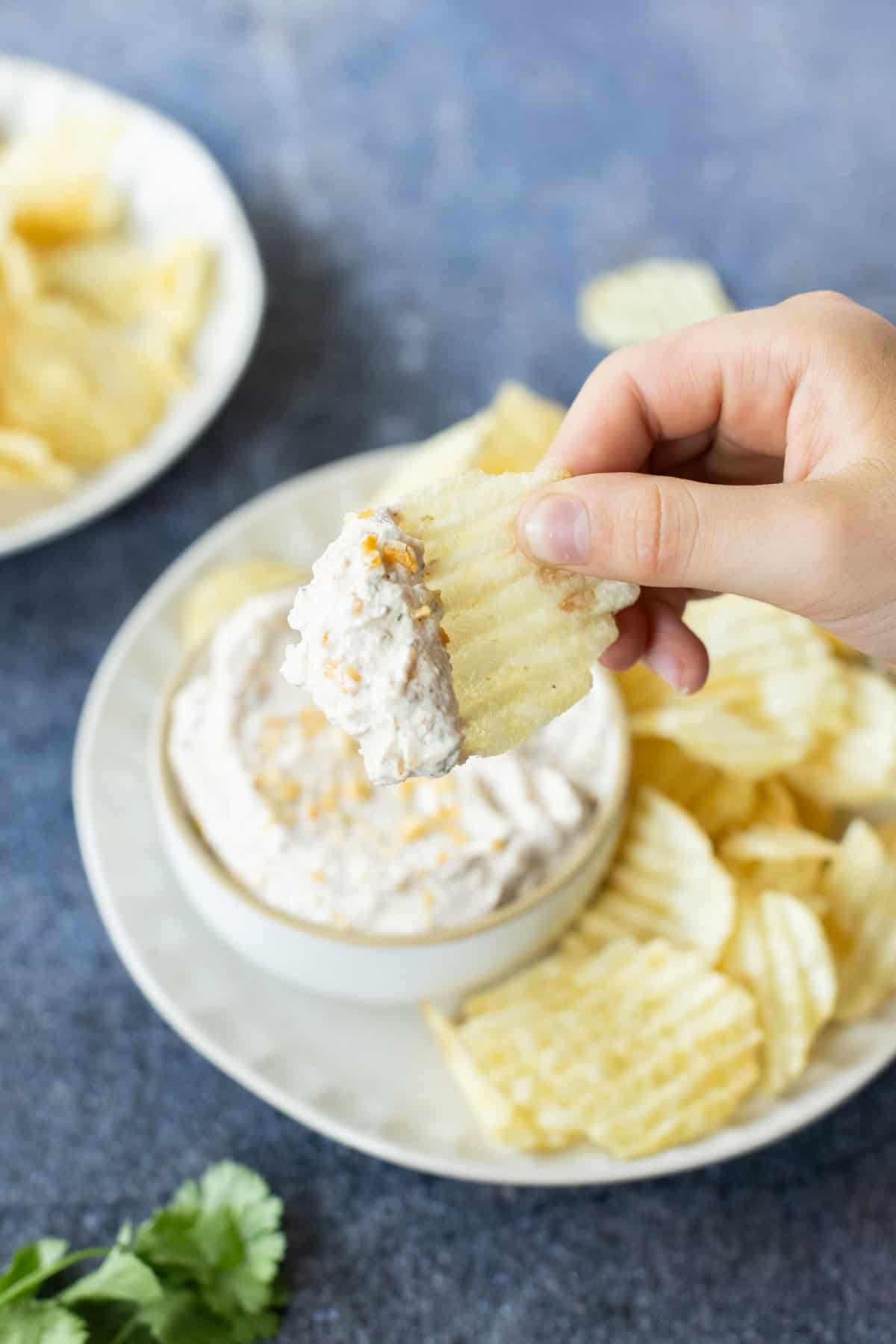 A hand holds a ridged potato chip dipped in a bowl of creamy dip, with more chips and a plate in the background.
