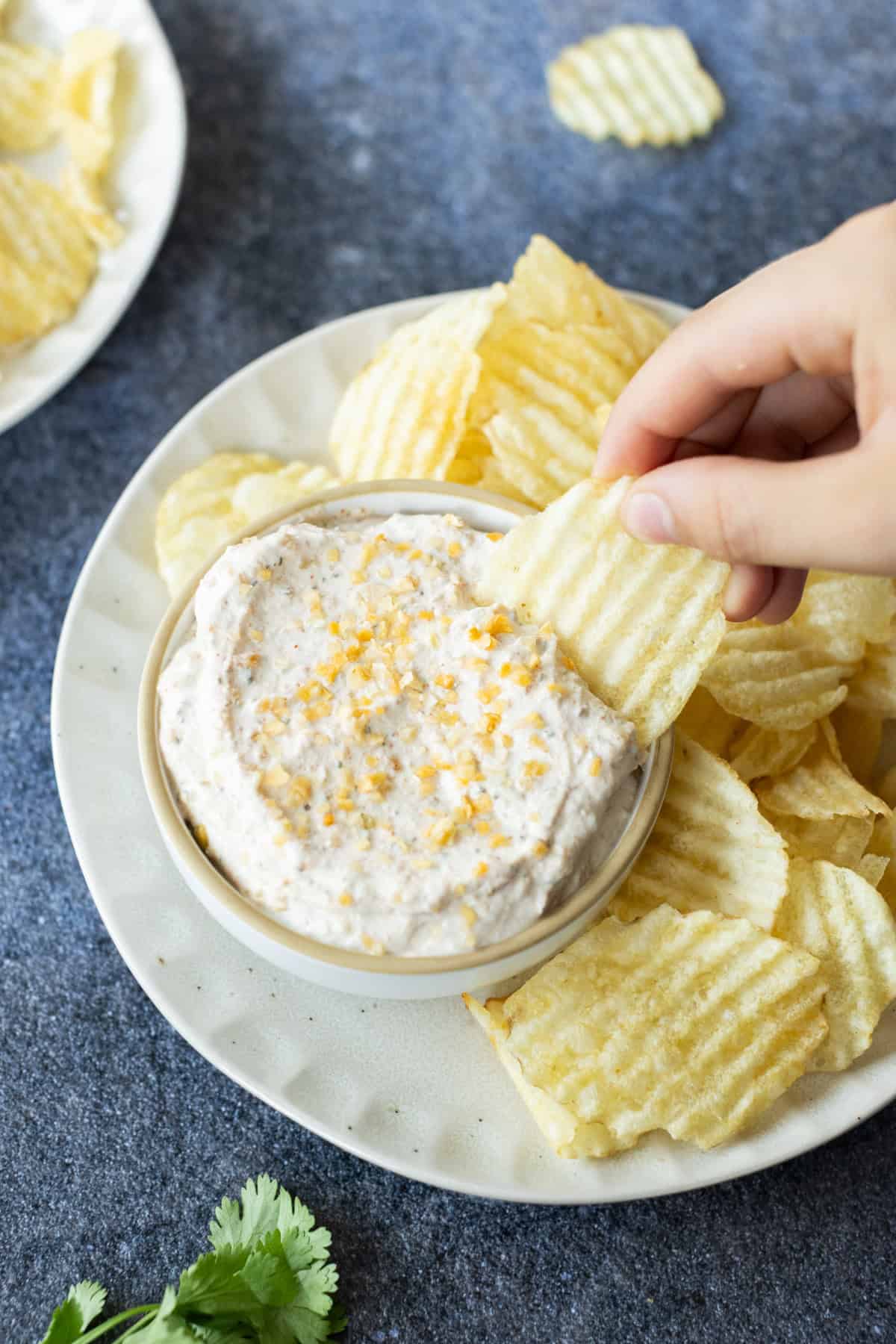 A hand dips a ridged potato chip into a bowl of creamy dip, surrounded by more chips on a white plate.