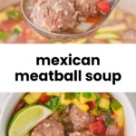 A bowl of Mexican meatball soup with vegetables, lime wedges, and two meatballs, shown both in a ladle and in a bowl.