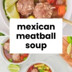 Two bowls of Mexican meatball soup with vegetables, lime wedges, and fresh herbs, shown on a white surface with a cutting board and extra lime nearby.