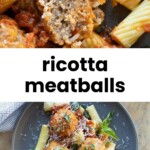 Plate with ricotta meatballs and rigatoni pasta topped with tomato sauce and grated cheese, garnished with basil leaves.