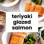 Three plates with teriyaki glazed salmon fillets, broccoli, and brown rice sit on a table with a striped napkin, sauce in a small bowl, and the text “teriyaki glazed salmon” in the center.