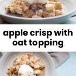 A serving of apple crisp with oat topping and a scoop of vanilla ice cream on a white plate.