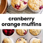 Cranberry orange muffins in paper liners, some on a cooling rack and others in a muffin tin, with fresh cranberries and orange slices nearby.