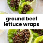 Plate of ground beef lettuce wraps topped with sesame seeds, arranged on a clear glass dish with a bowl of sesame seeds nearby.