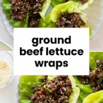 Three lettuce wraps filled with ground beef, drizzled sauce, and sprinkled sesame seeds on a plate, with a bowl of sesame seeds nearby. Text overlay reads “ground beef lettuce wraps.”.